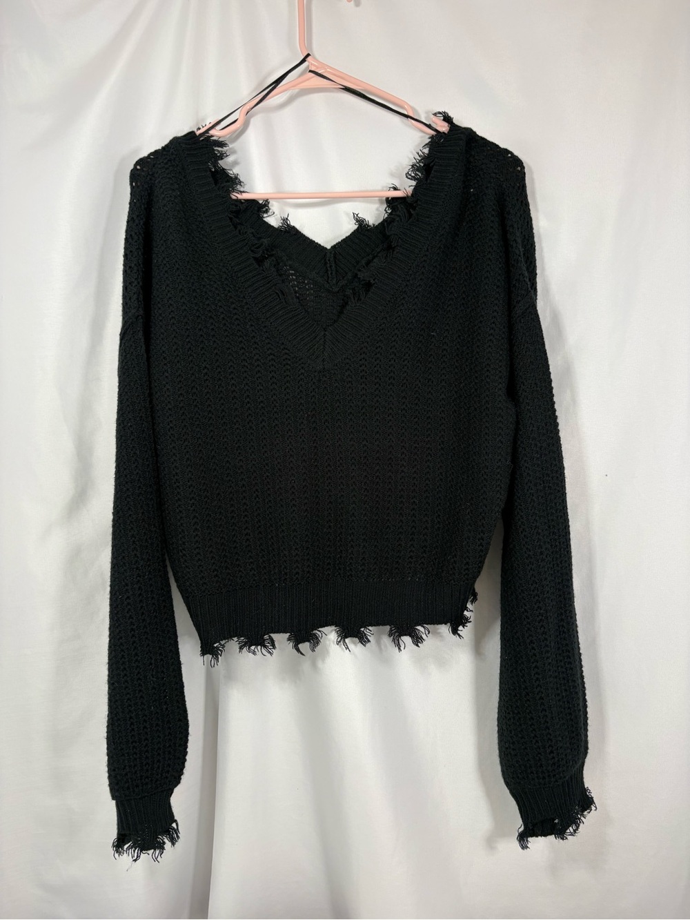 Vintage rue21 Black Distressed V-Neck Knit Sweater Grunge Fringe Size S